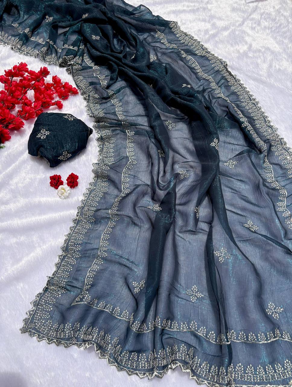 Navy Berry Designer Crunchy Silk Saree