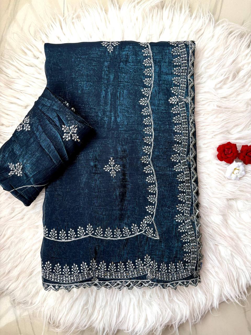 Navy Berry Designer Crunchy Silk Saree