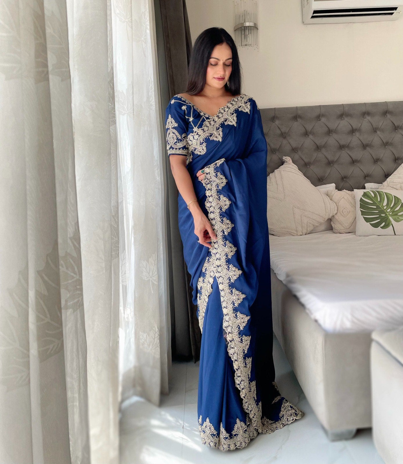 Navy Designer Chinon Silk Saree