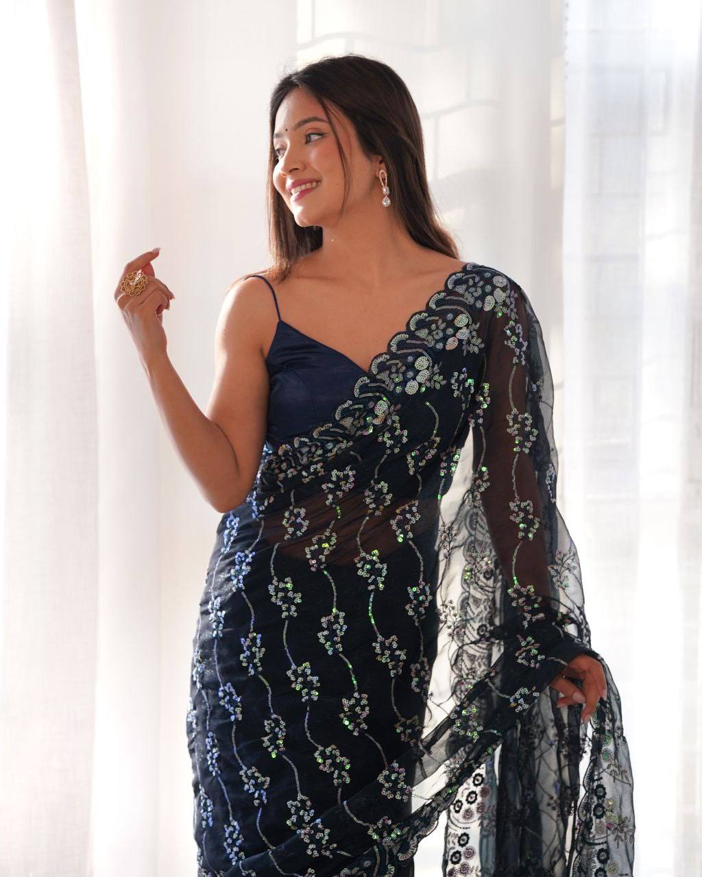 Navy Colour Designer Shimmer Blumming Saree