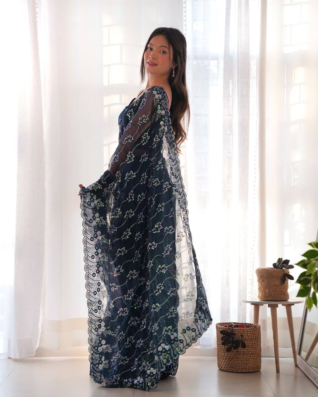 Navy Colour Designer Shimmer Blumming Saree