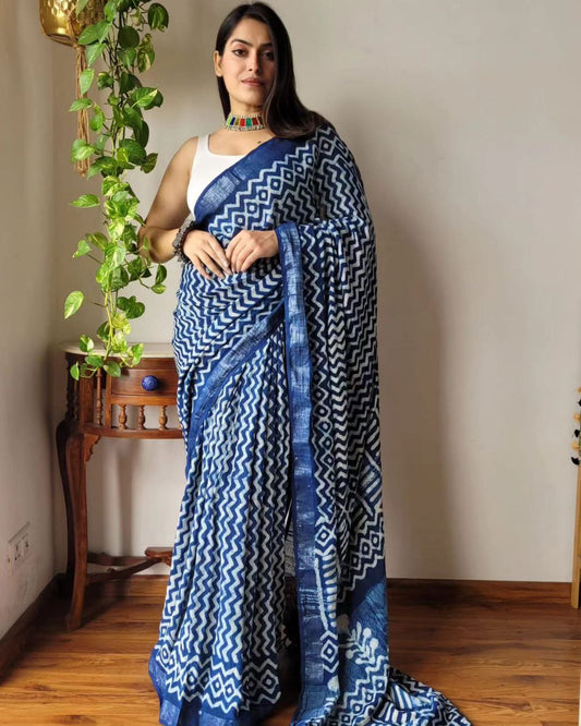 Navy Digital Printed Linen Saree