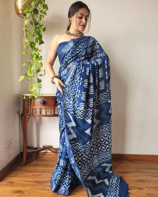 Navy Digital Printed Linen Saree