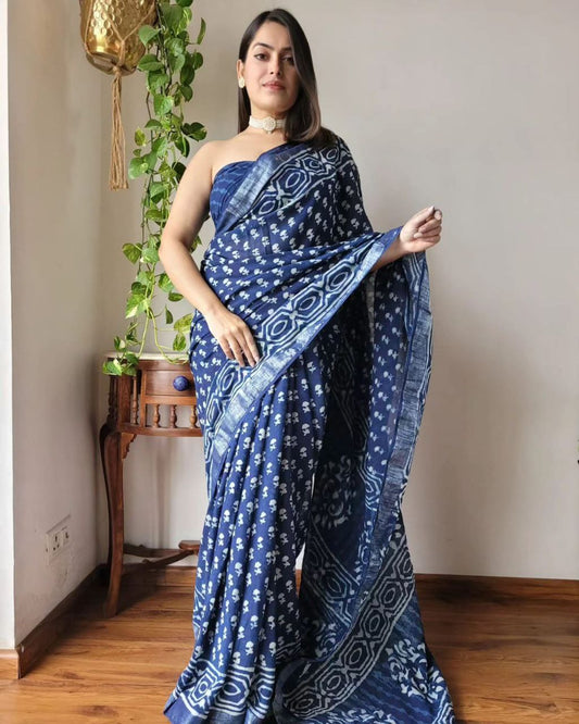 Navy Digital Printed Linen Saree