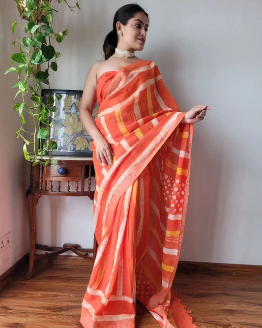 Orange Digital Printed Linen Saree