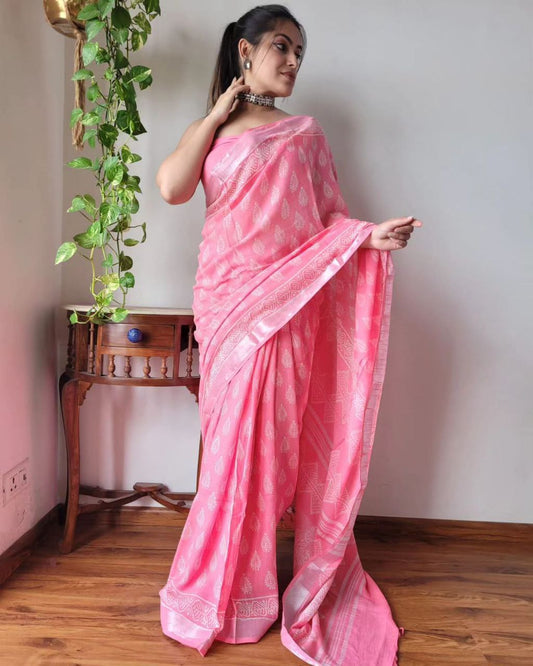 Pink Digital Printed Linen Saree