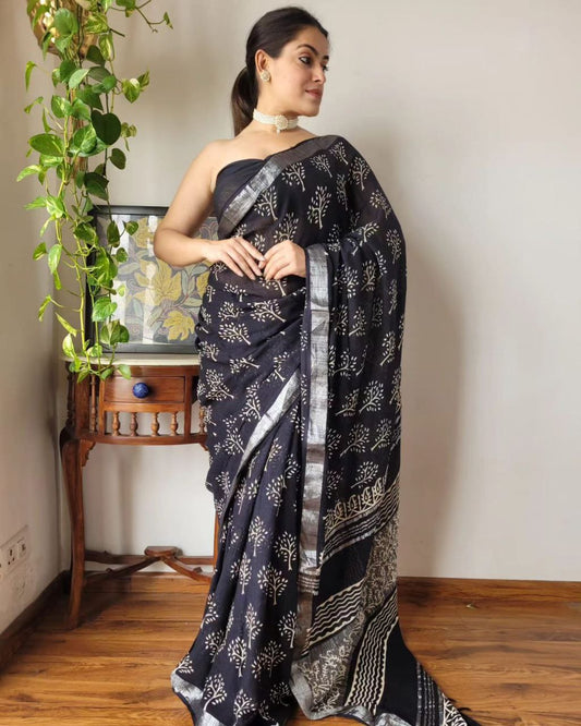 Black Digital Printed Linen Saree