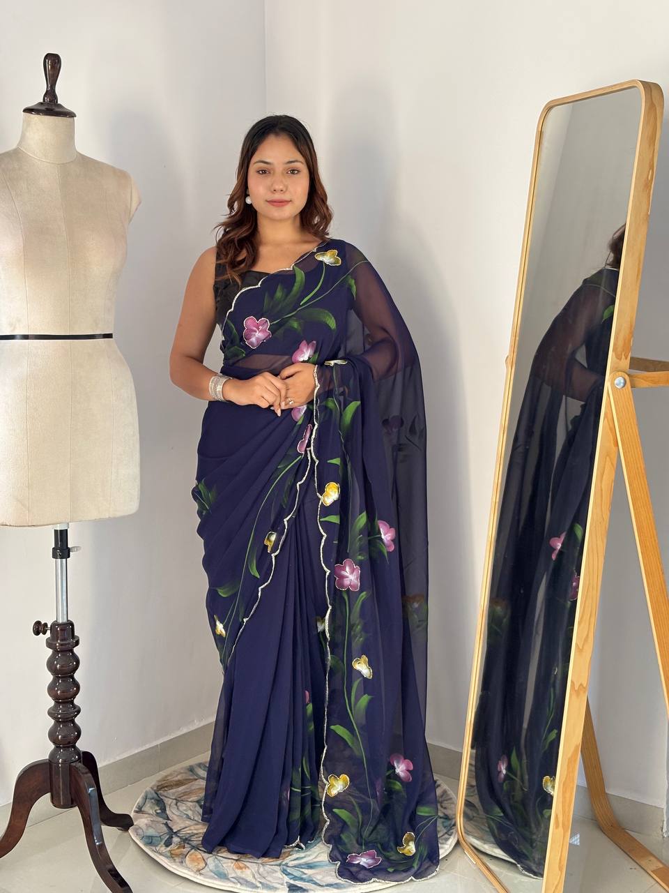 Navy Hand Printed Georgette Saree