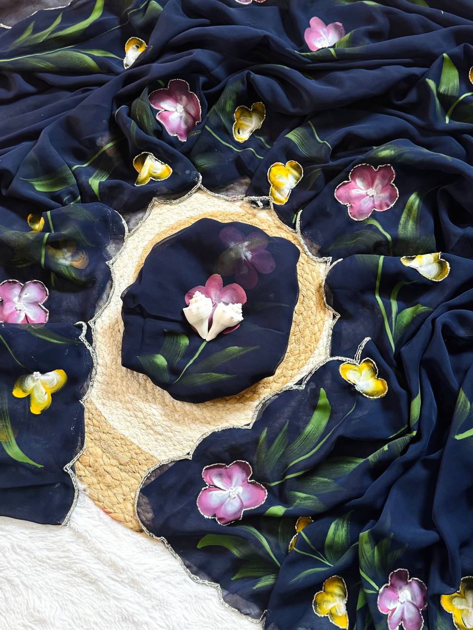 Navy Hand Printed Georgette Saree