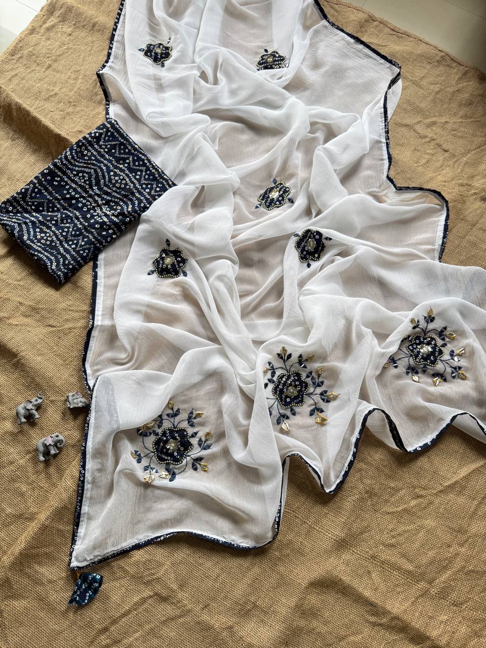 Navy Party Wear Designer Chiffon Cunchy Silk Saree