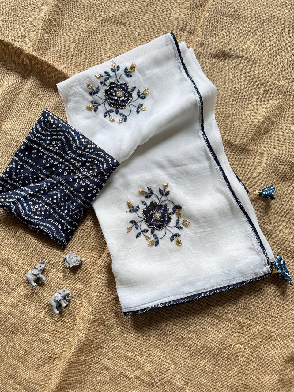 Navy Party Wear Designer Chiffon Cunchy Silk Saree