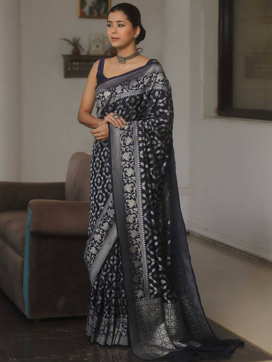 Navy Wedding Wear Lichi Silk Saree