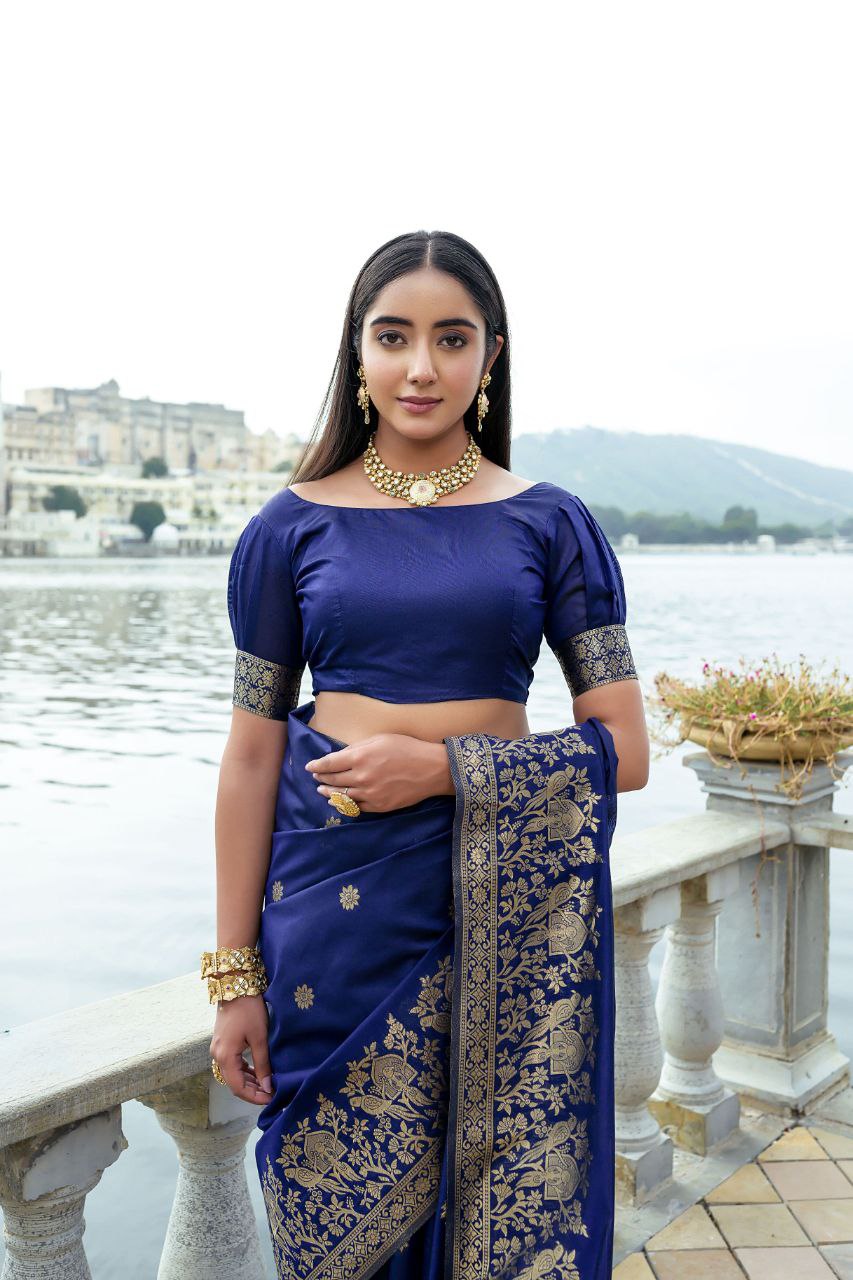 Navy Wedding Wear Soft Silk Saree