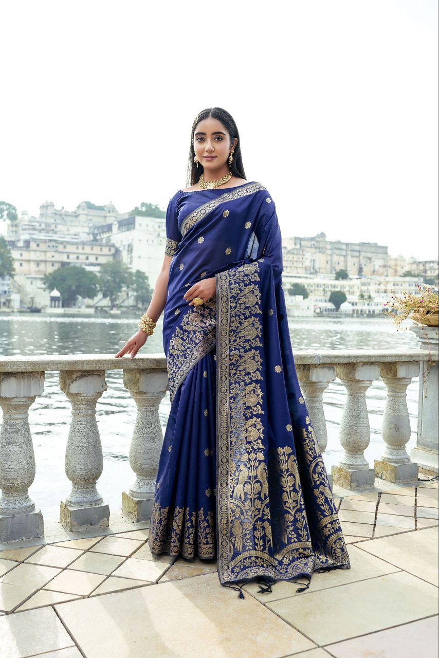 Navy Wedding Wear Soft Silk Saree