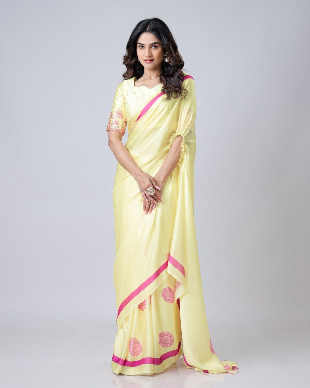 New Hands Free Satin Georgette Saree In Light Yellow