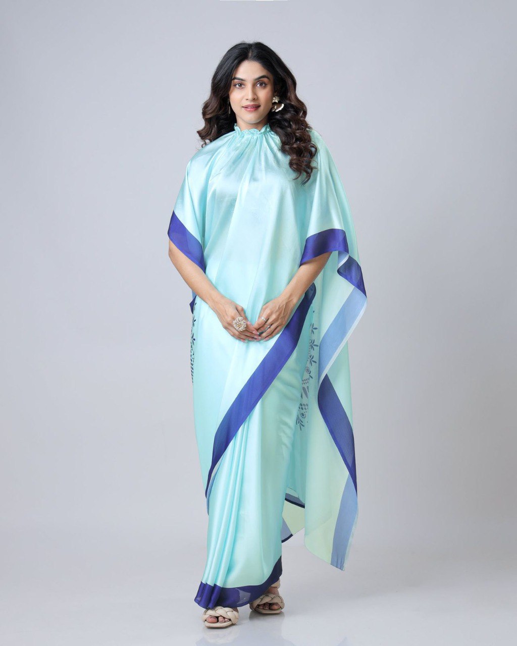 New Hands Free Satin Georgette Saree In Mint Blue