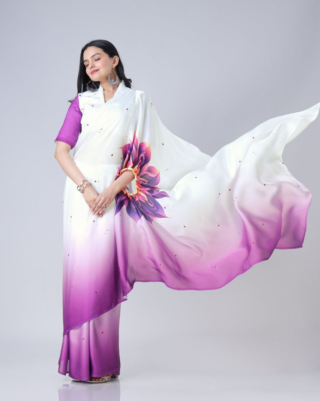 New Hands Free Satin Georgette Saree In Purple & White