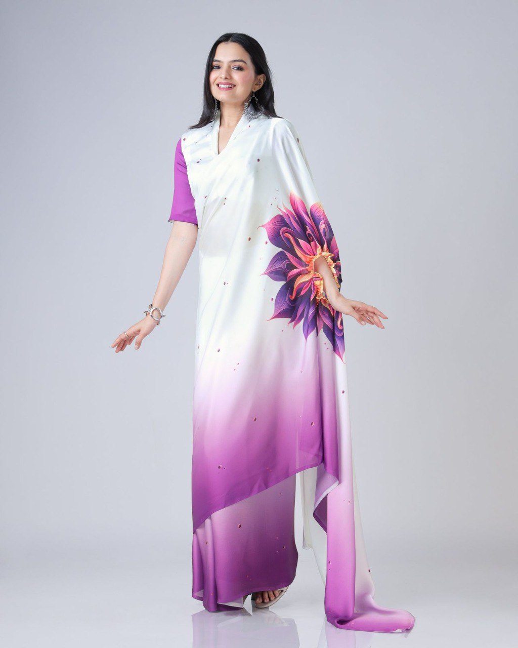New Hands Free Satin Georgette Saree In Purple & White