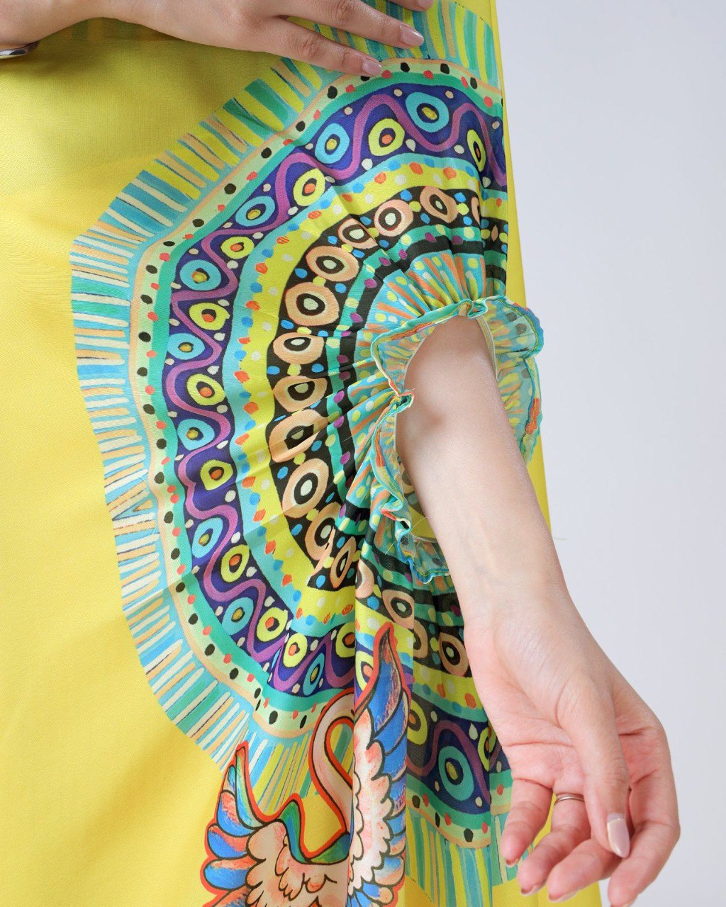 New Hands Free Satin Georgette Saree In Yellow