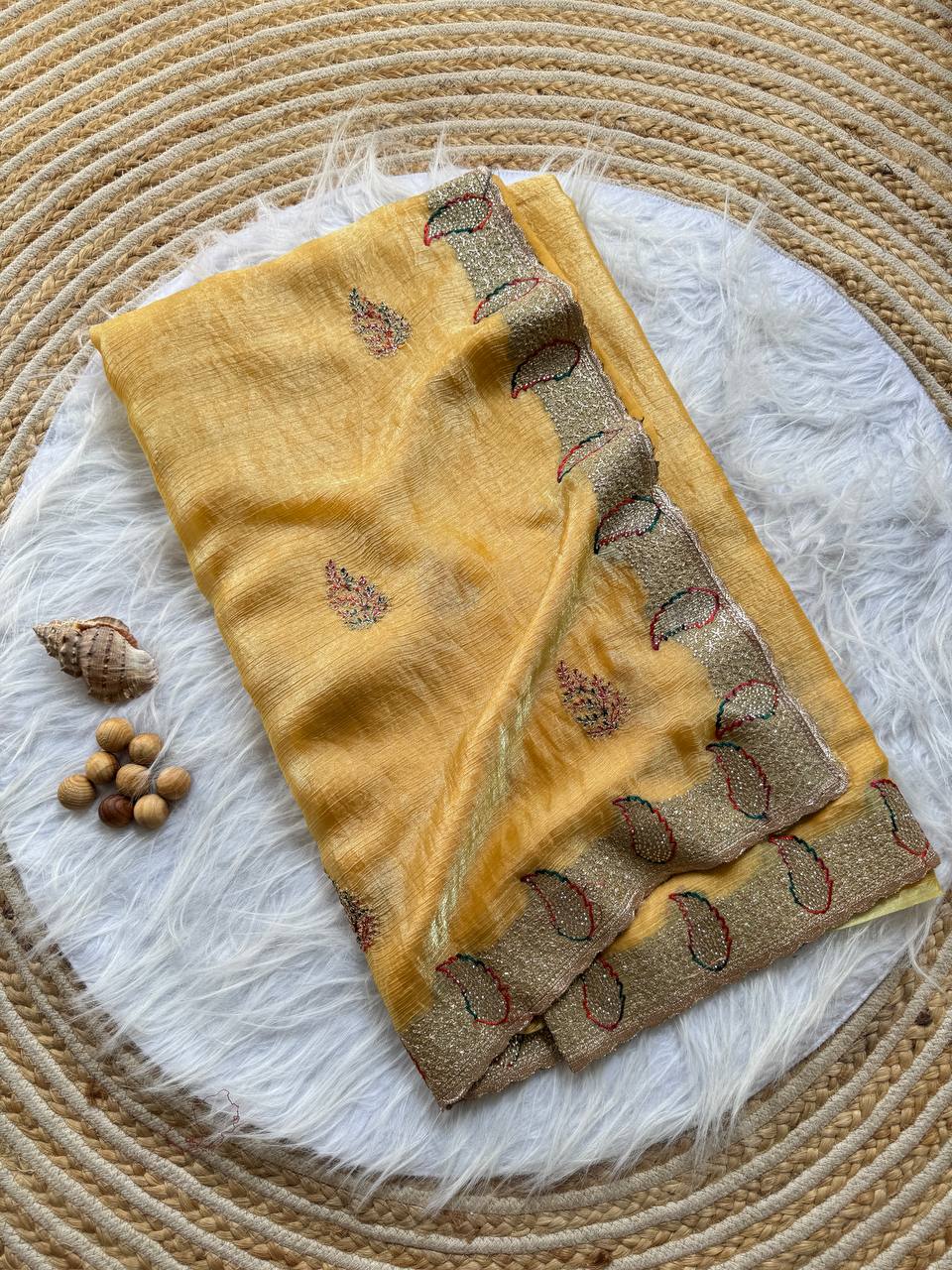 New Party Wear Gold Silk Saree