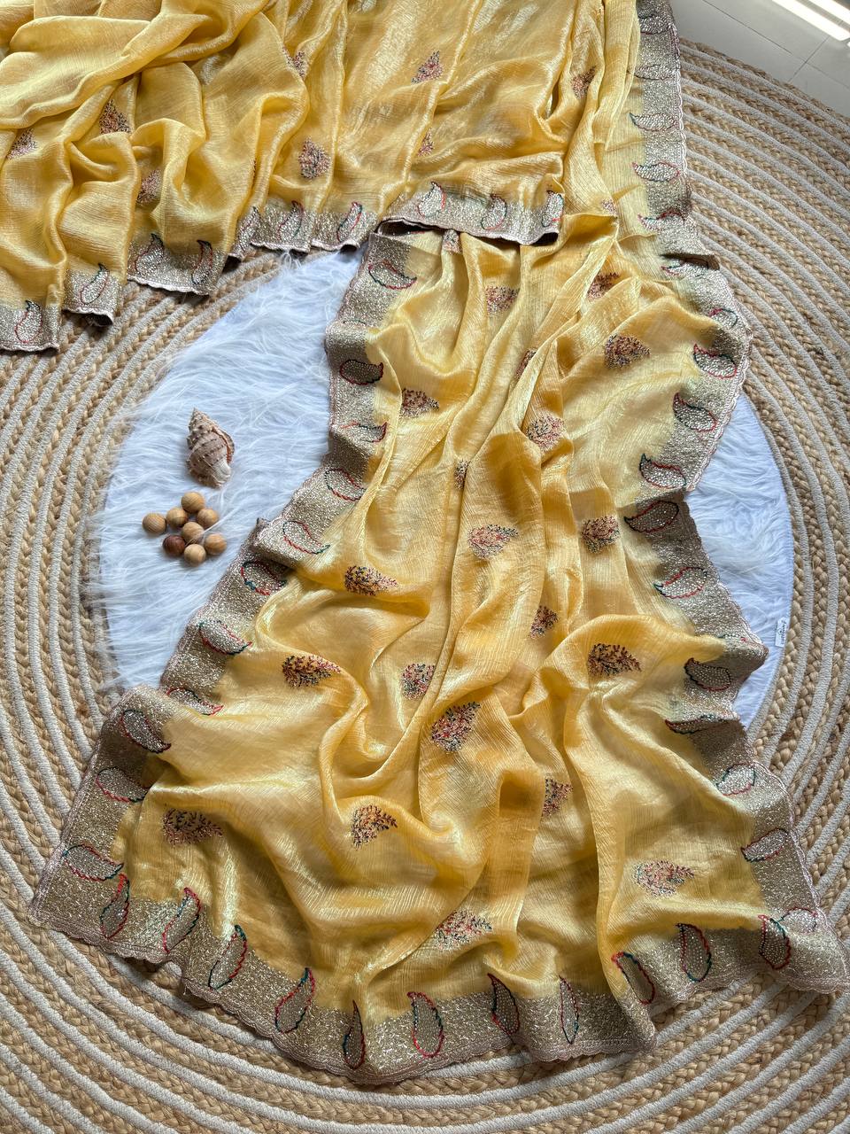 New Party Wear Gold Silk Saree