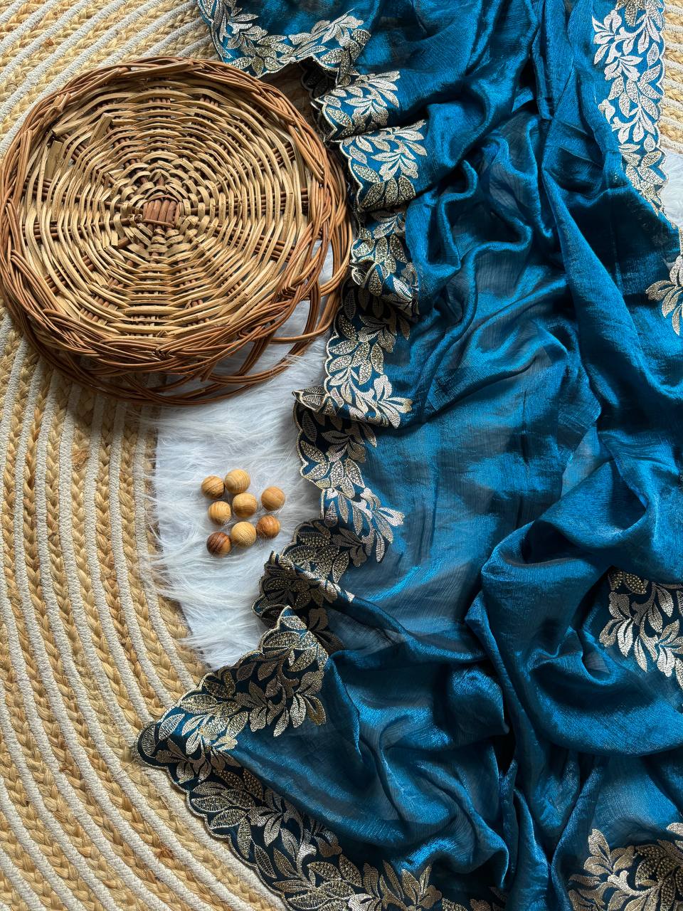 Nile Blue Crunchy Moss Sattin Silk Saree