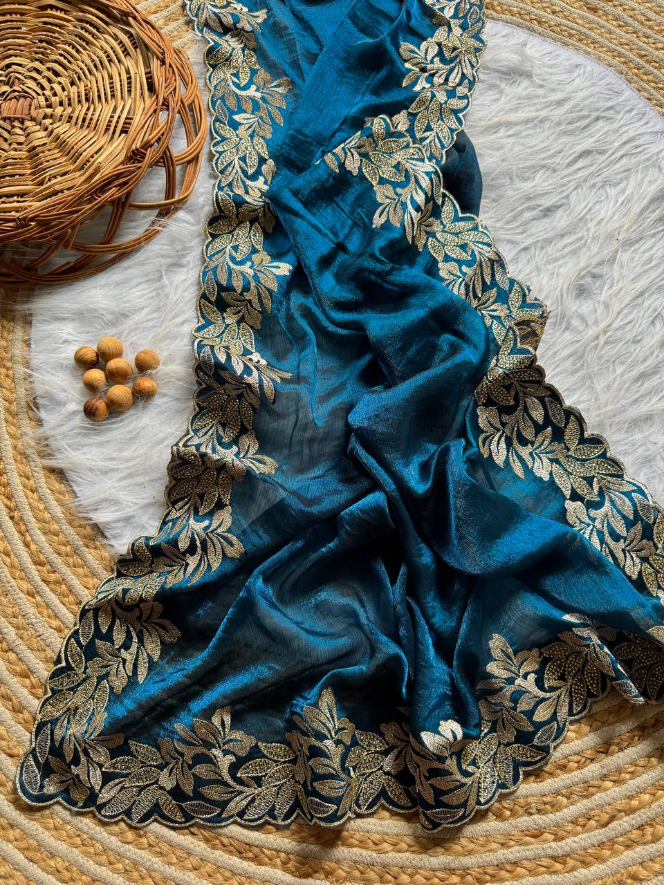 Nile Blue Crunchy Moss Sattin Silk Saree