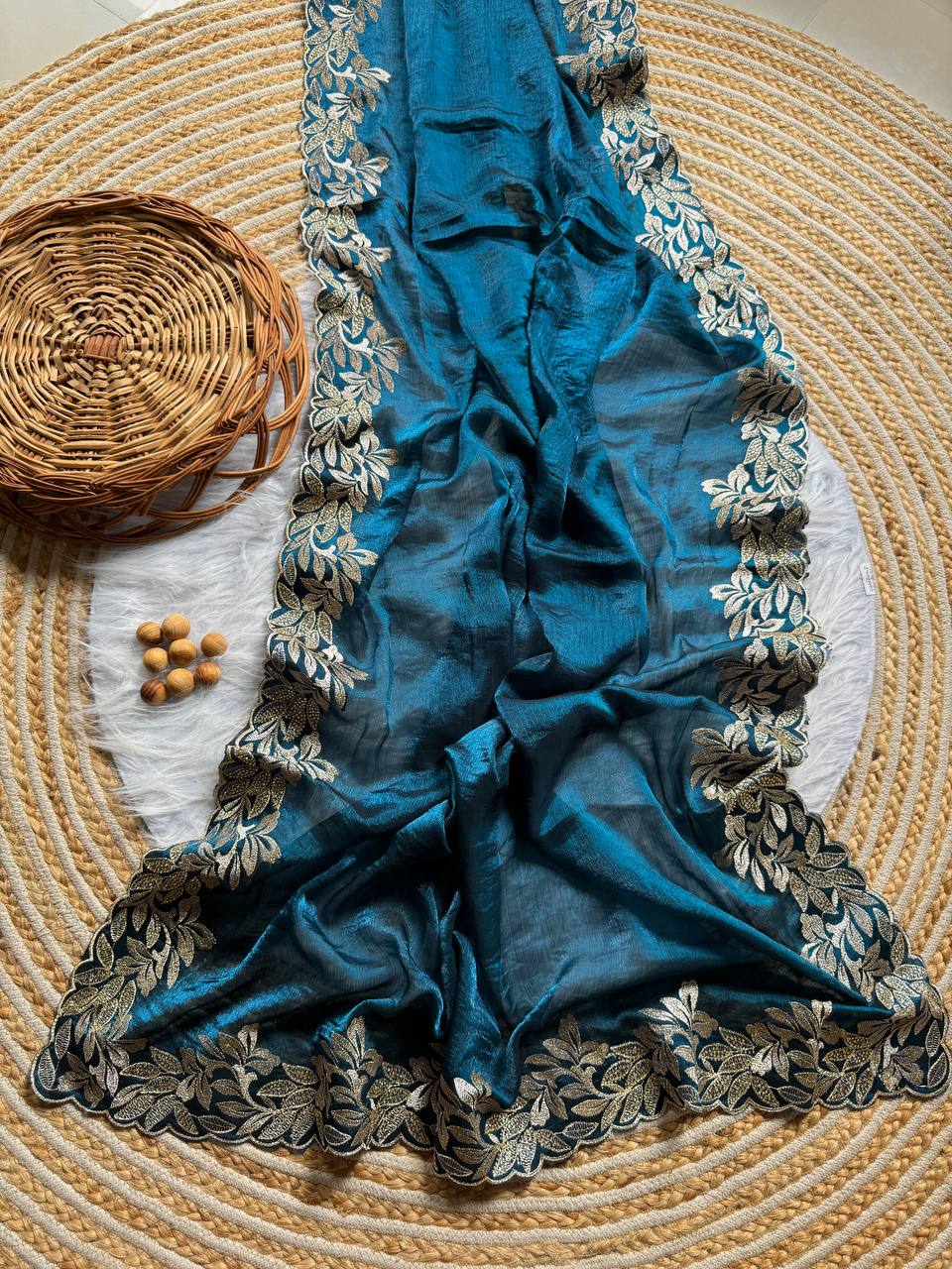 Nile Blue Crunchy Moss Sattin Silk Saree