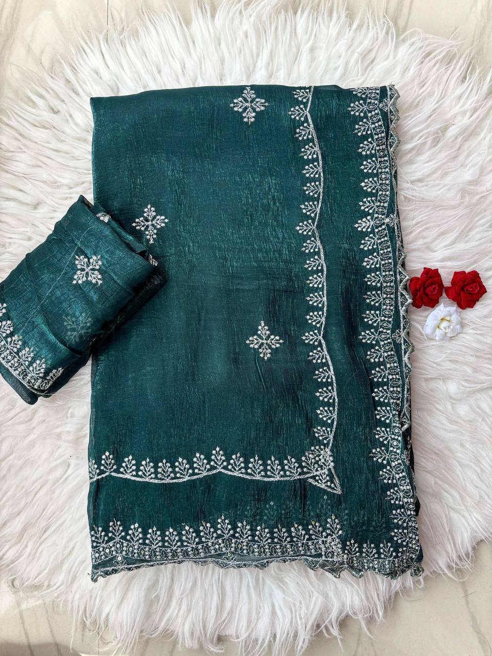 Nile Blue Designer Crunchy Silk Saree