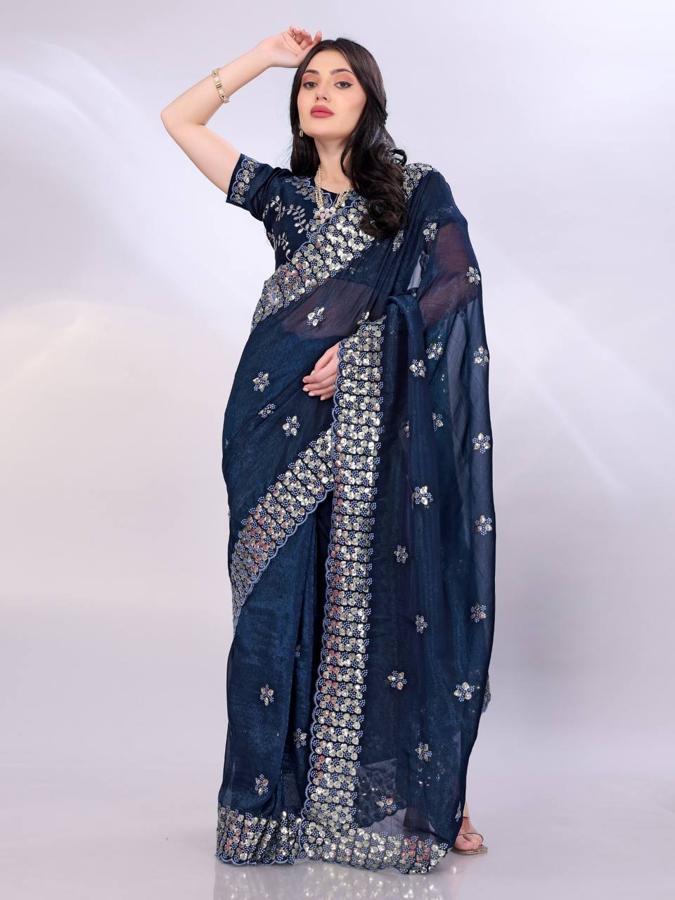 Nile Blue Modern Gold Tussar Silk Saree