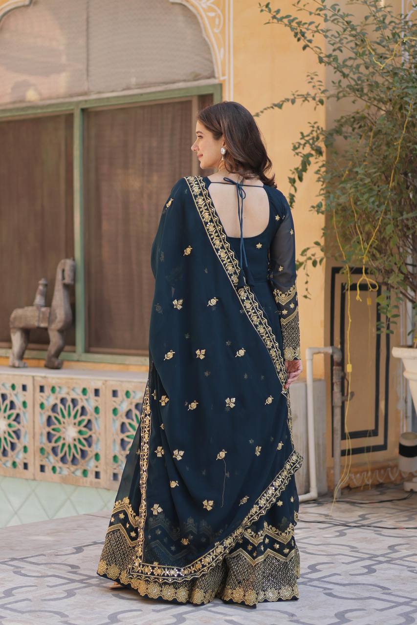 Nile Blue Traditional Indian Gown Dress With Dupatta