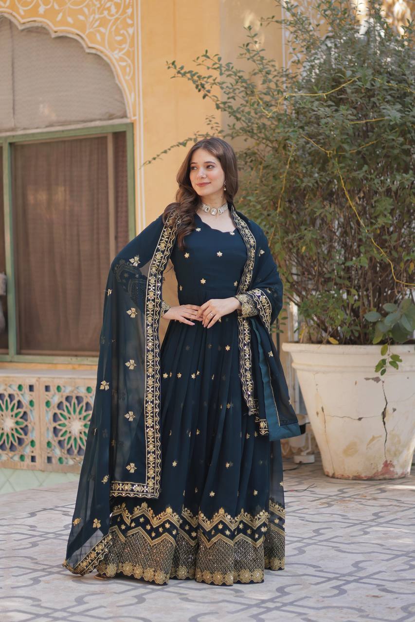 Nile Blue Traditional Indian Gown Dress With Dupatta