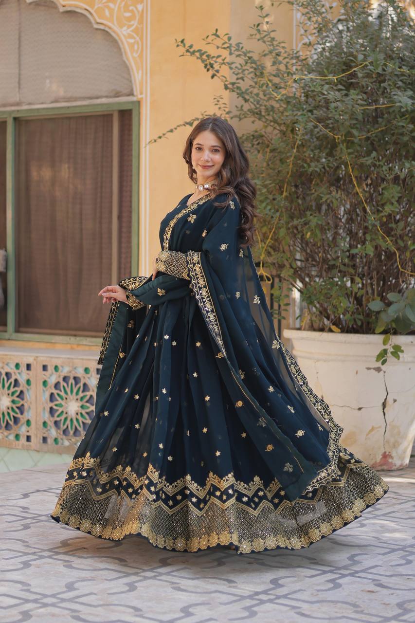 Nile Blue Traditional Indian Gown Dress With Dupatta