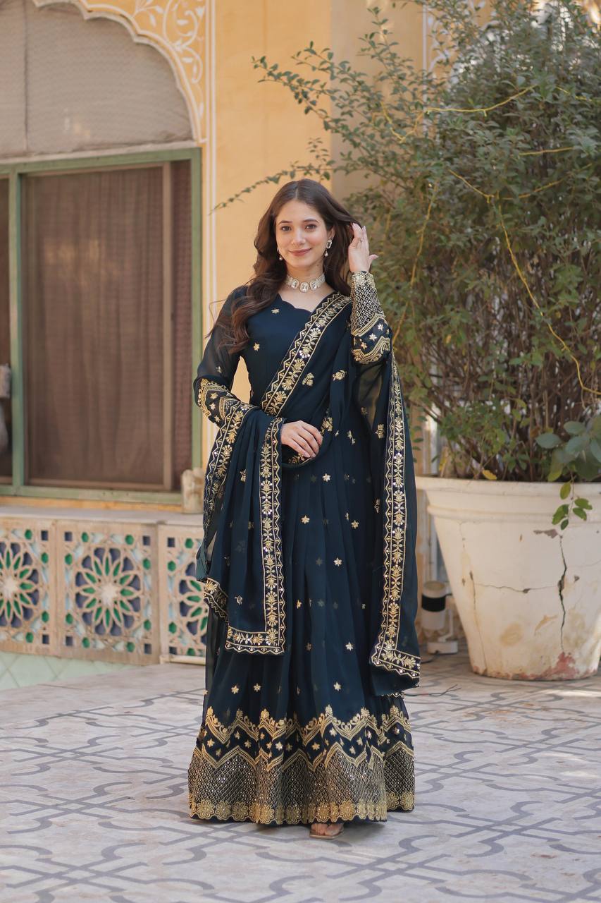 Nile Blue Traditional Indian Gown Dress With Dupatta