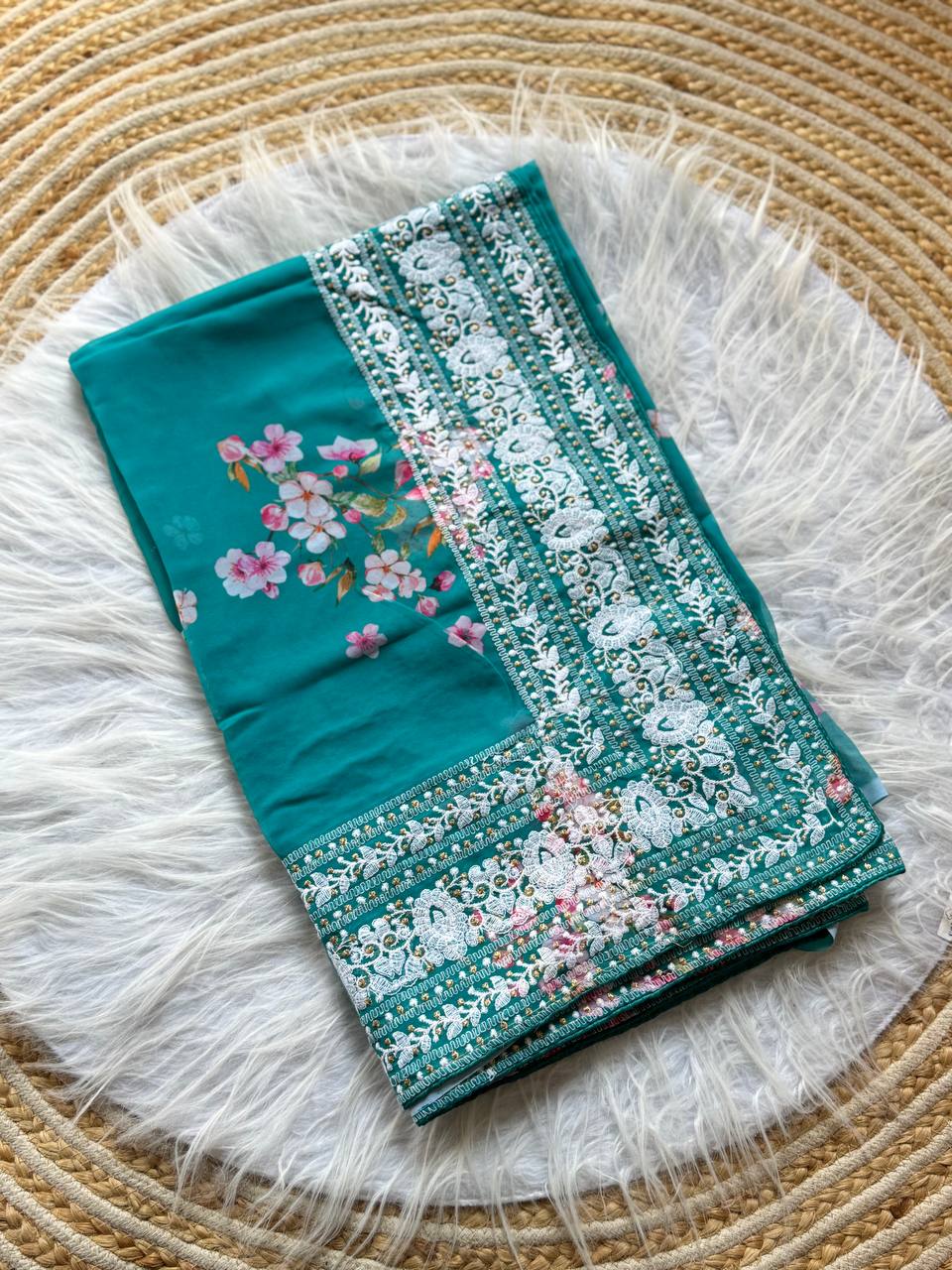 Ocean Blue Floral Printed Georgette Saree