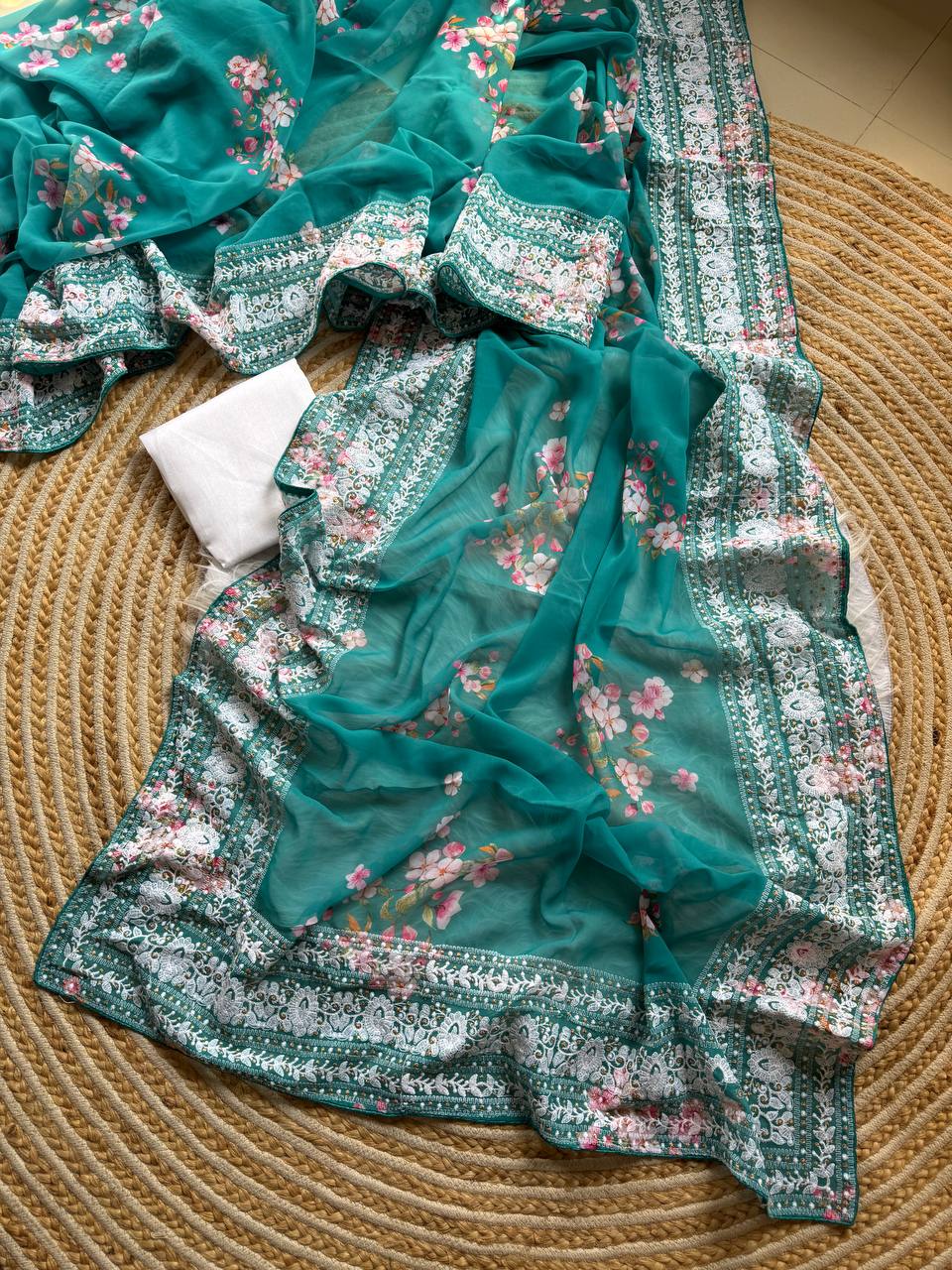 Ocean Blue Floral Printed Georgette Saree