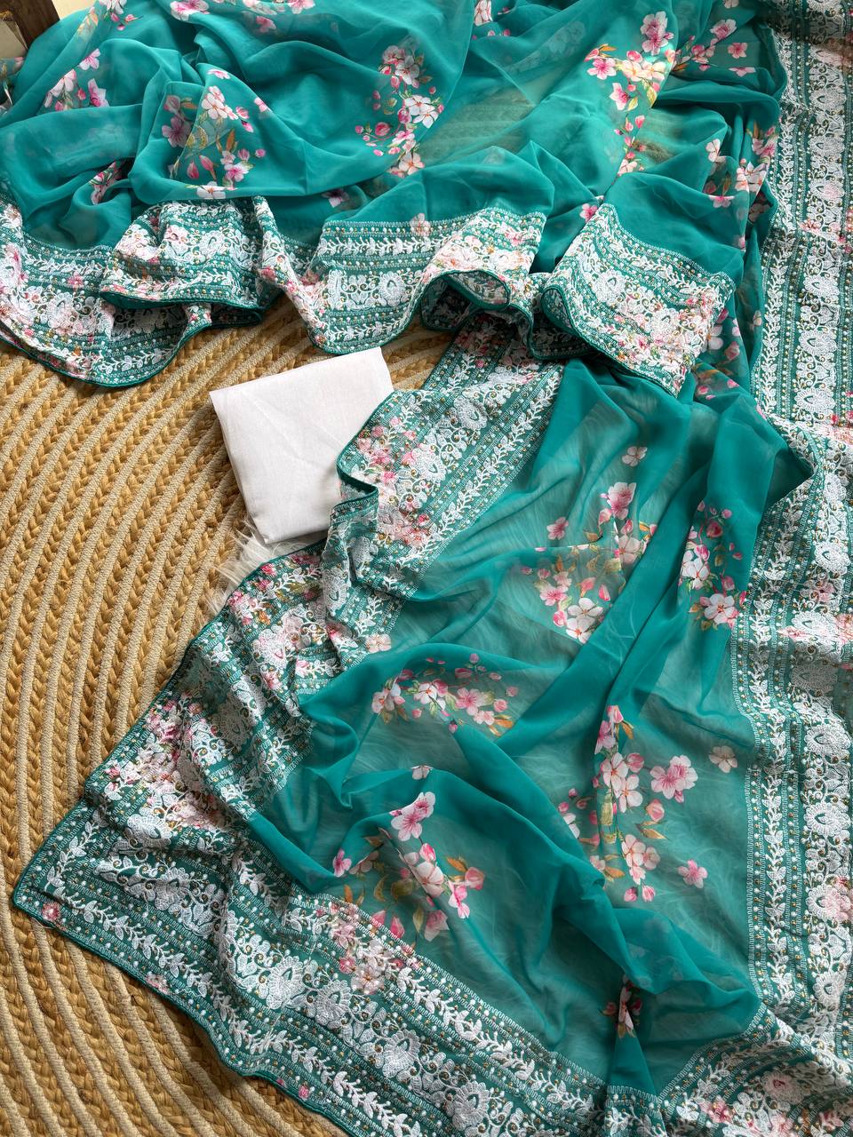 Ocean Blue Floral Printed Georgette Saree