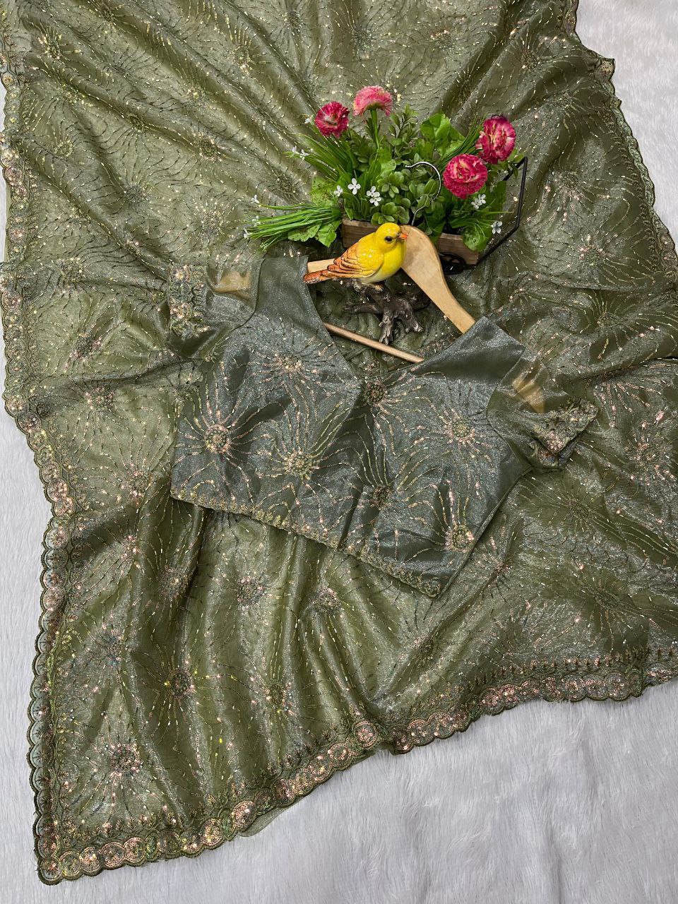 Olive Designer Twill Net Saree