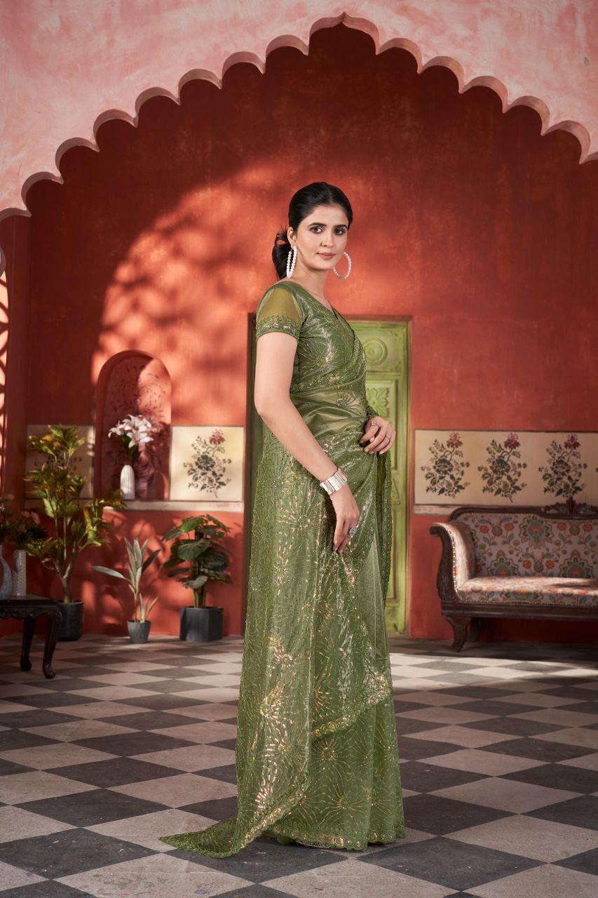 Olive Designer Twill Net Saree