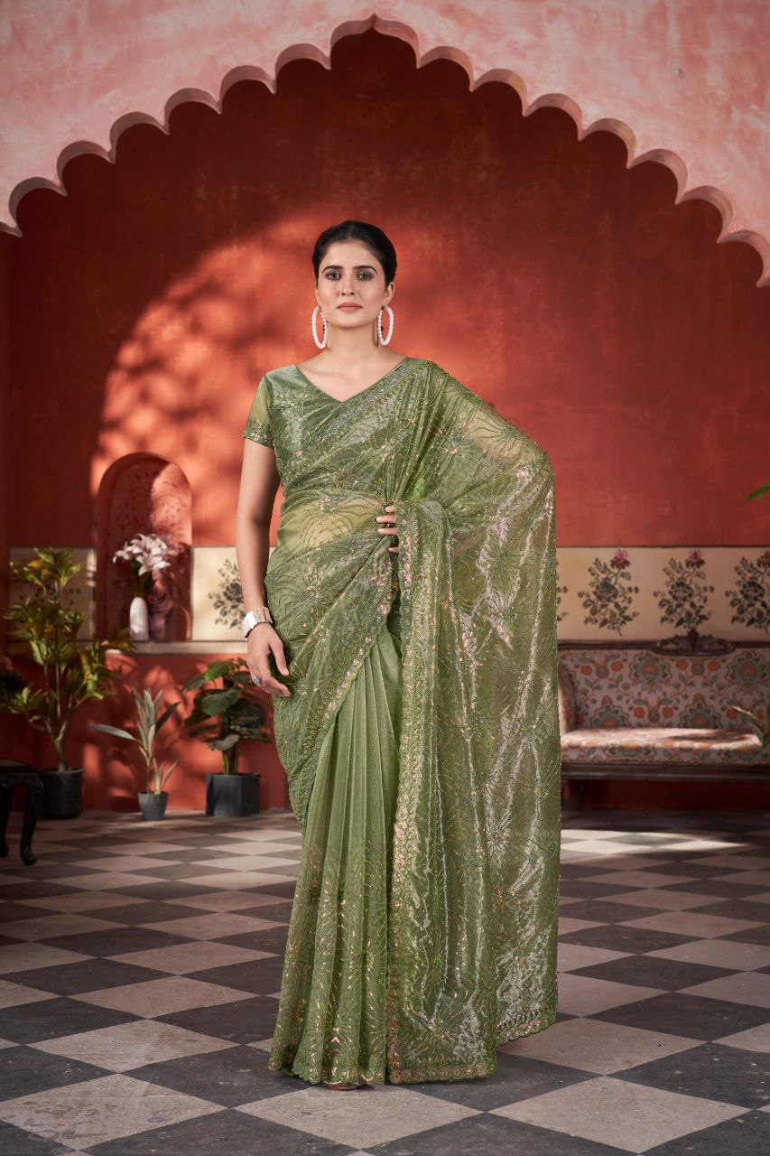 Olive Designer Twill Net Saree