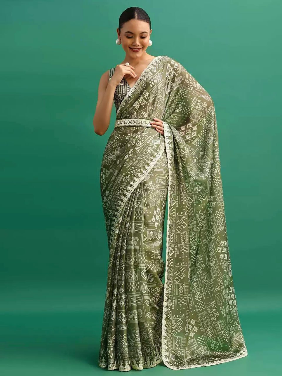 Olive Digital Printed Chinon Silk Saree