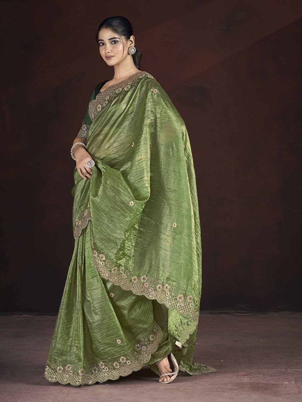 Olive Fancy Gold Crunchy Saree