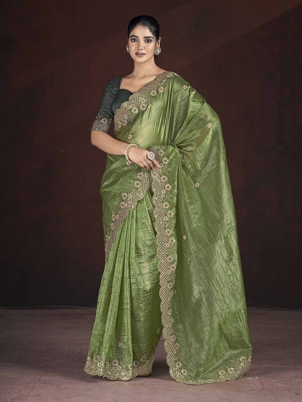 Olive Fancy Gold Crunchy Saree
