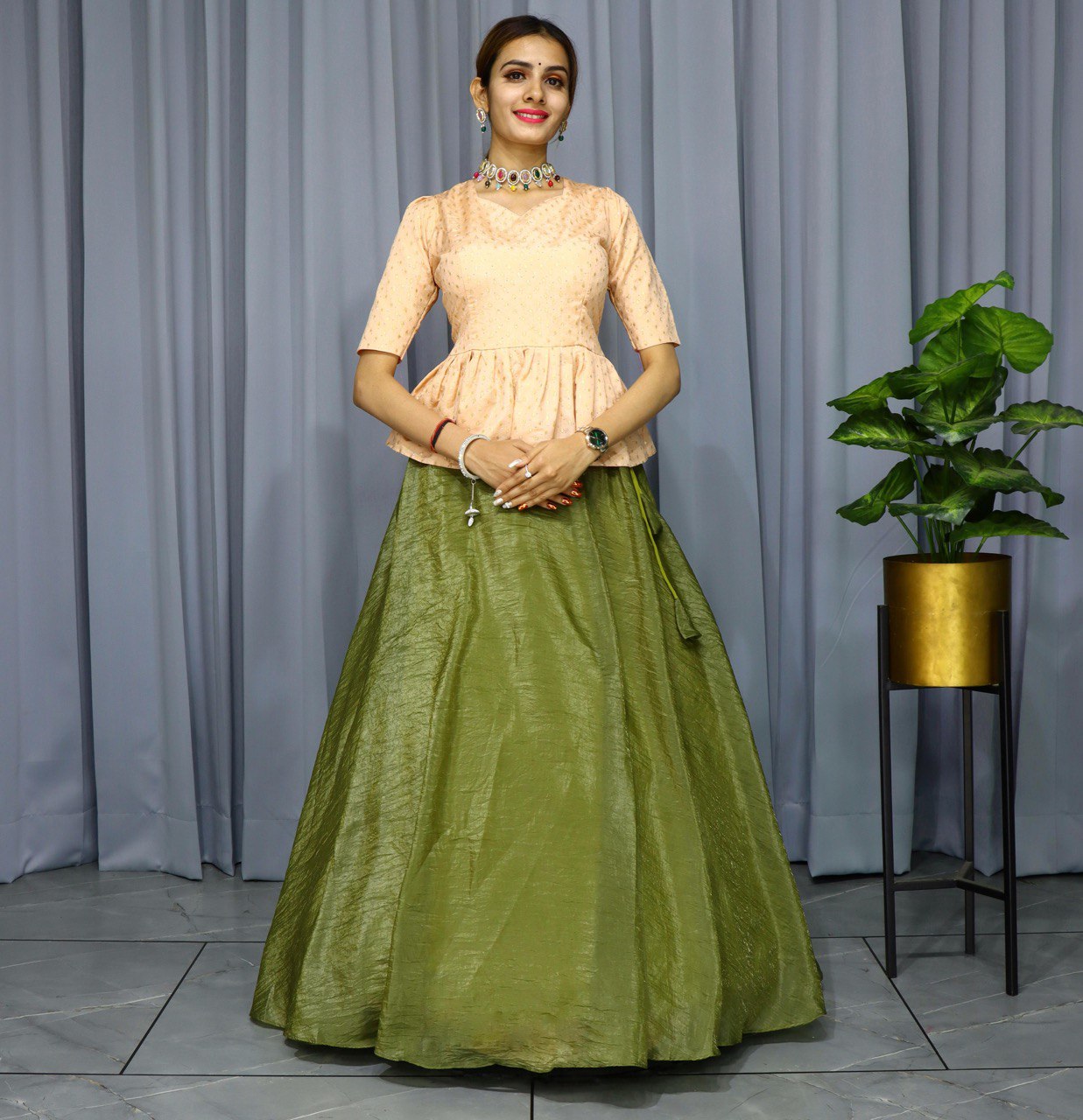 Olive Gold Crush Designer Lehenga