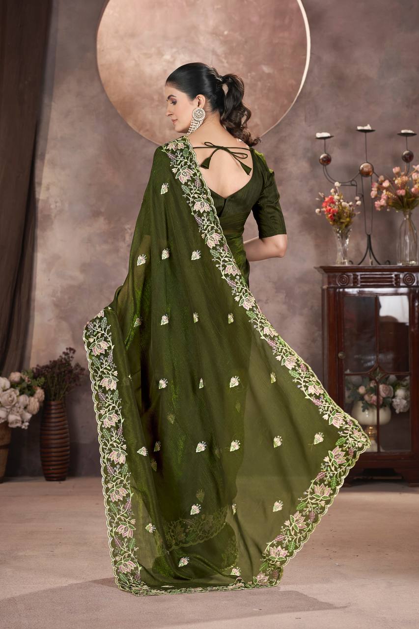 Olive Green Gold Crunchy Silk Saree