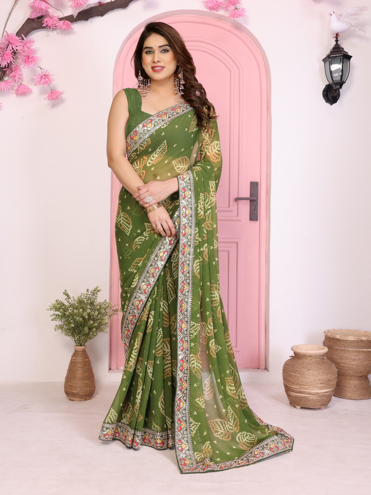 Olive Green Rajwadi Bandhej Printed Georgette Saree