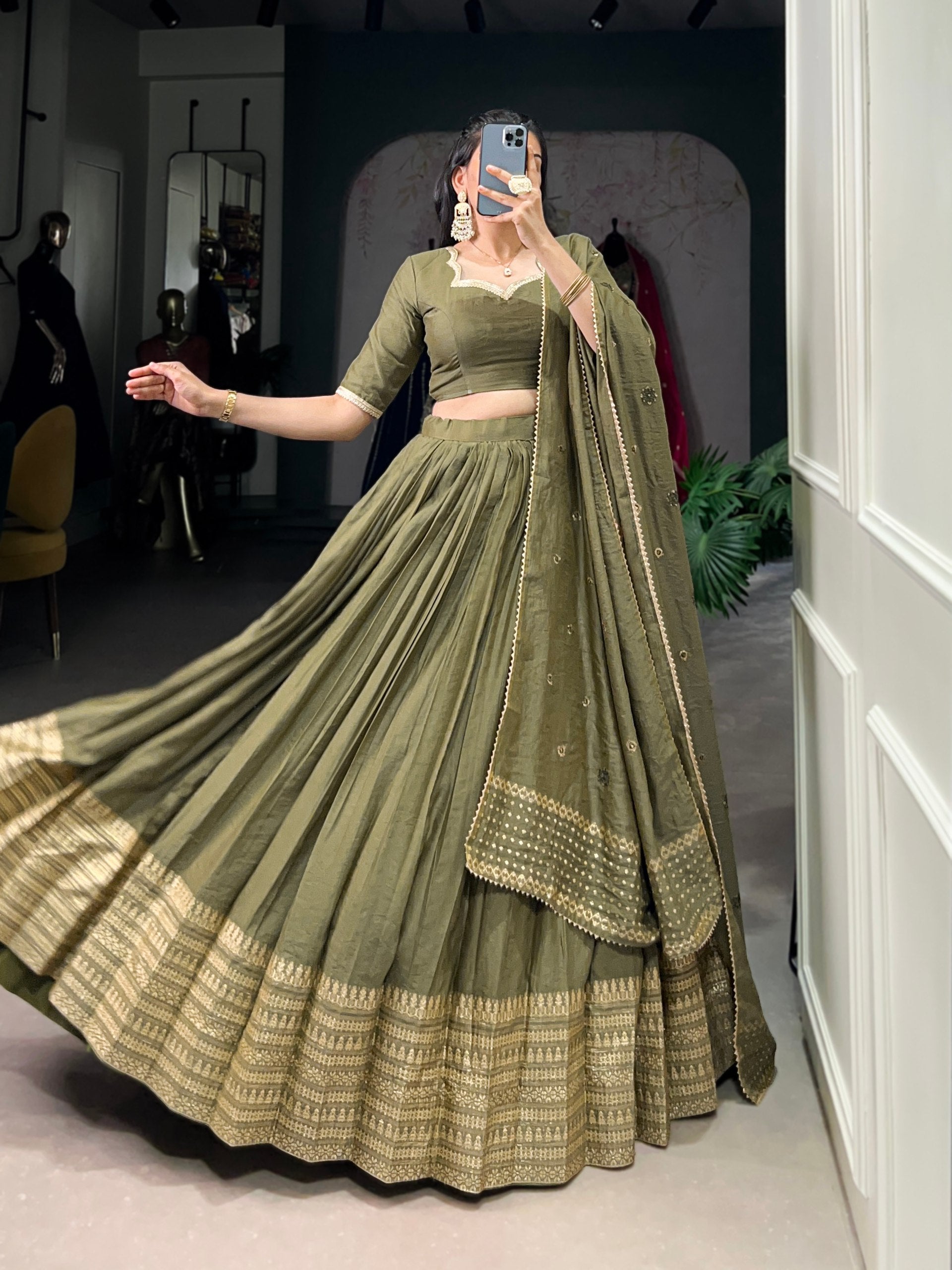Olive Green Traditional Chanderi Lehenga