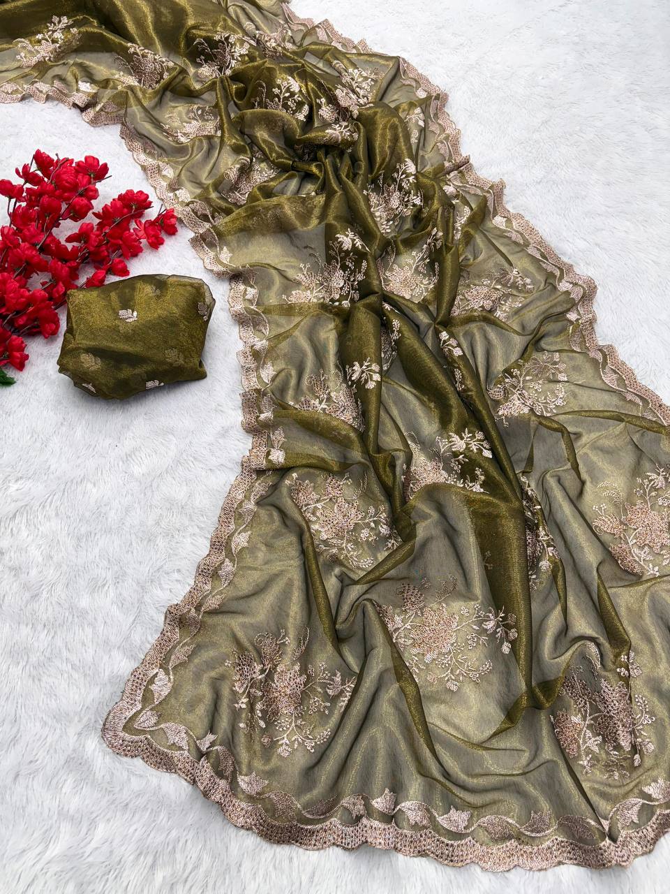 Olive Party Wear Floral Embroidered Organza Saree