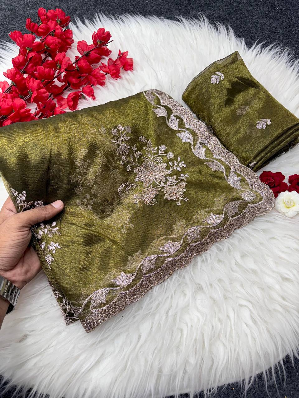 Olive Party Wear Floral Embroidered Organza Saree