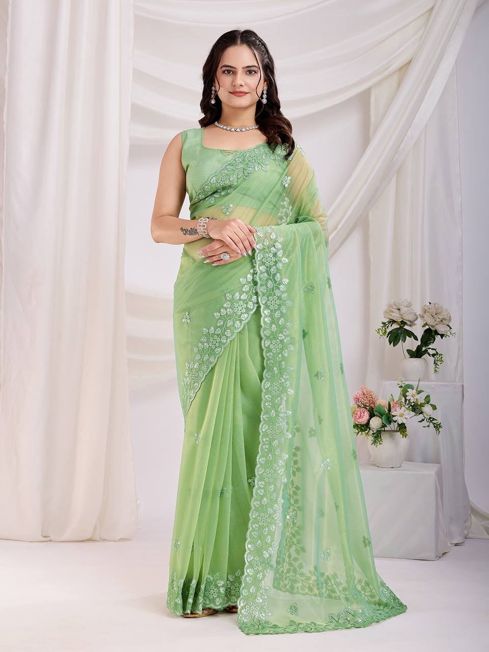 Olive Party Wear Gold Twill Net Saree